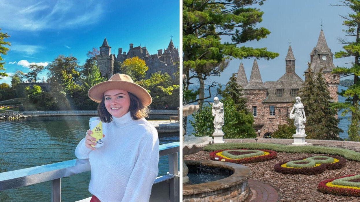 A woman smiling next to Boldt Castle. Right: Boldt Castle grounds.