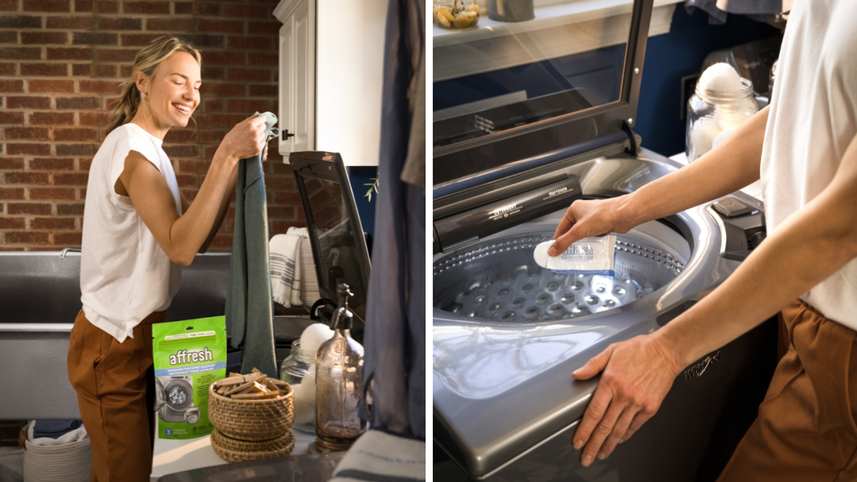 A woman smiling while holding a clean green towel in a laundry room, with a package of affresh washing machine cleaner tablets on the counter. Right: A person placing an affresh washing machine cleaner tablet into a top-loader washing machine.