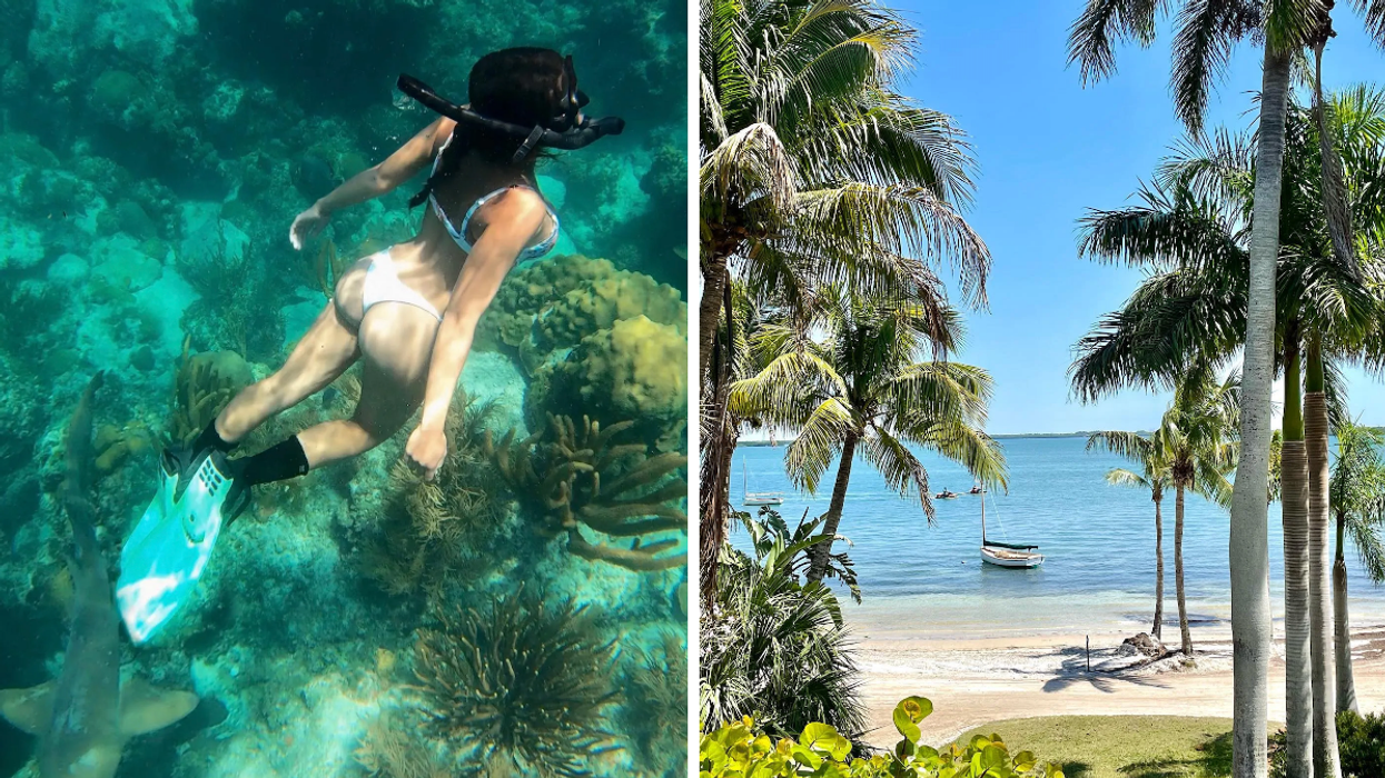 A woman snorkeling at Islamorada, FL. Right: The Useppa Island landscape.