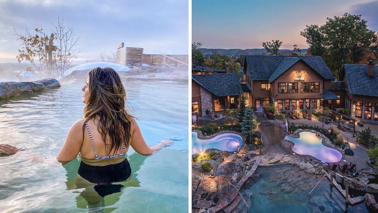A woman soaks in a thermal pool at Nordik Spa-Nature. Right: Nordik Spa-Nature.