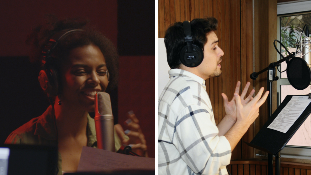 A woman speaking into a microphone. Right: A man speaking into a microphone.