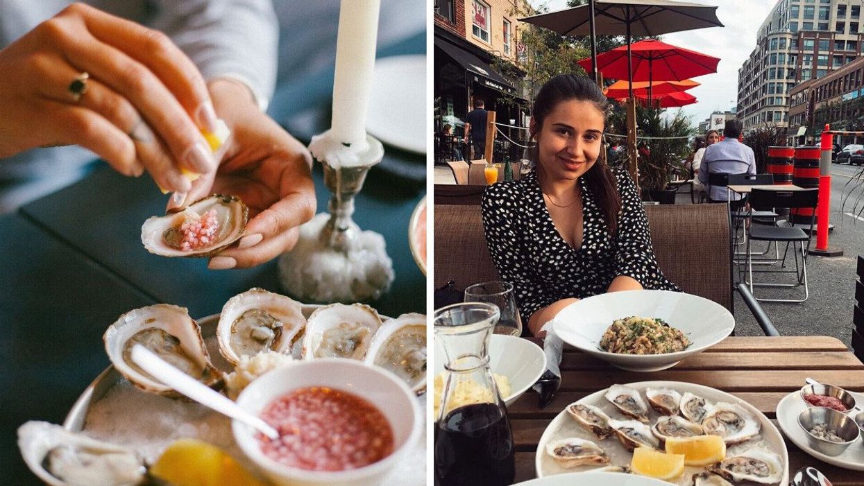 A woman squeezing lemon onto an oyster at Melrose on Adelaide. Right: A woman with oysters at OysterMine.