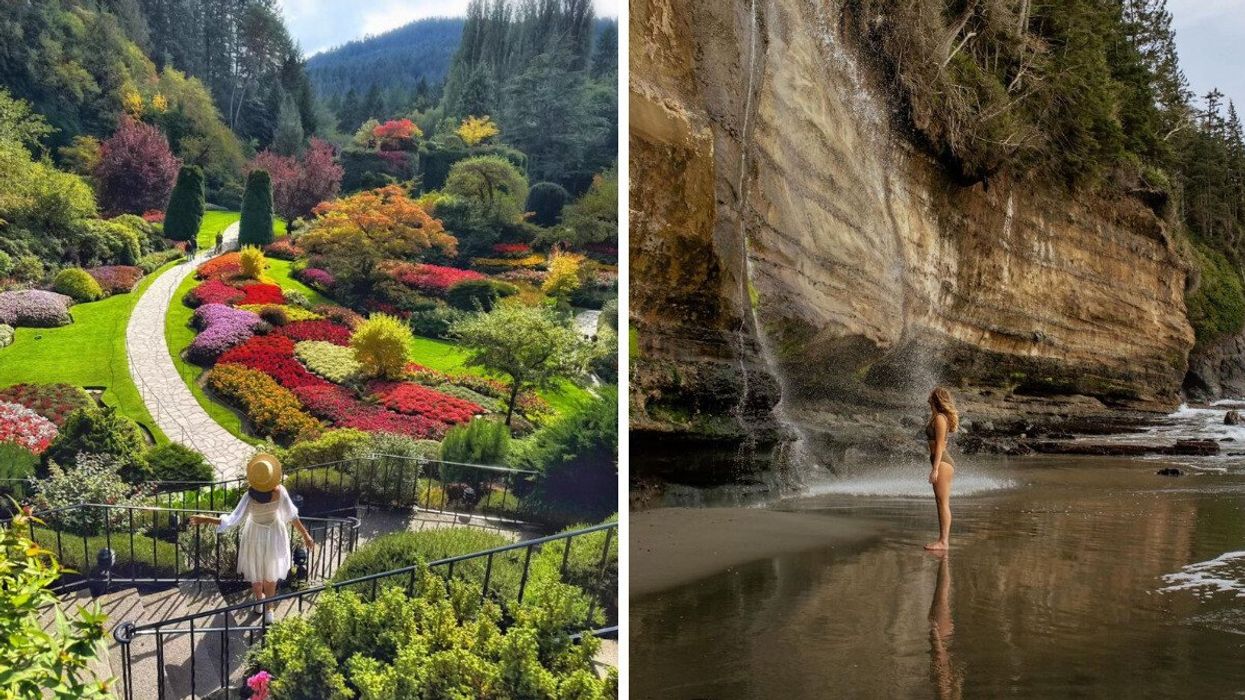 A woman standing by a railing and overlooking a colourful garden filled with flowers and trees. Right: A woman standing and looking at a big cliff on the beach.