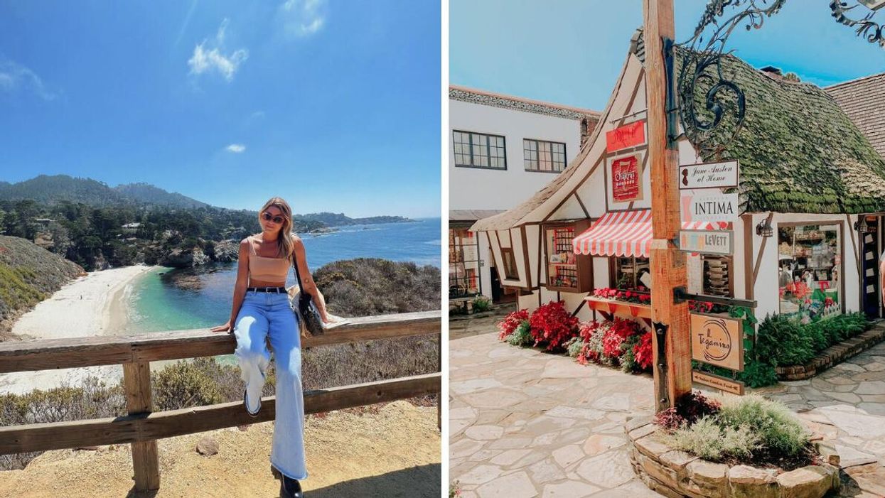 A woman standing by the seaside in Carmel-by-the-Sea,CA. Right: A cottage located in Carmel-by-the-Sea, CA.