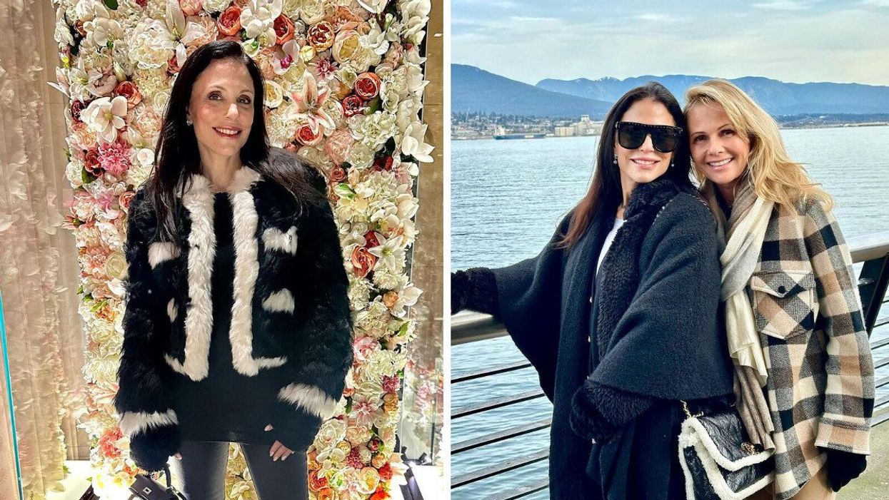 A woman standing for a photo in front of a flower wall. Right: Two women posing for a photo along the water in Vancouver.
