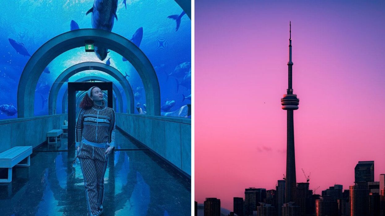 A woman standing in front of a shark tank at Arcadia Hall in Toronto. Right: CN Tower with a pink background.