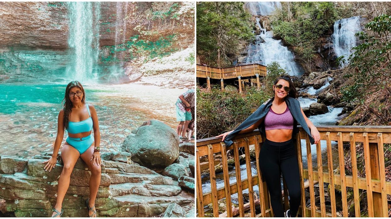A woman standing in front of a waterfall in a blue swimsuit. Right: A woman on a platform in front of a waterfall.