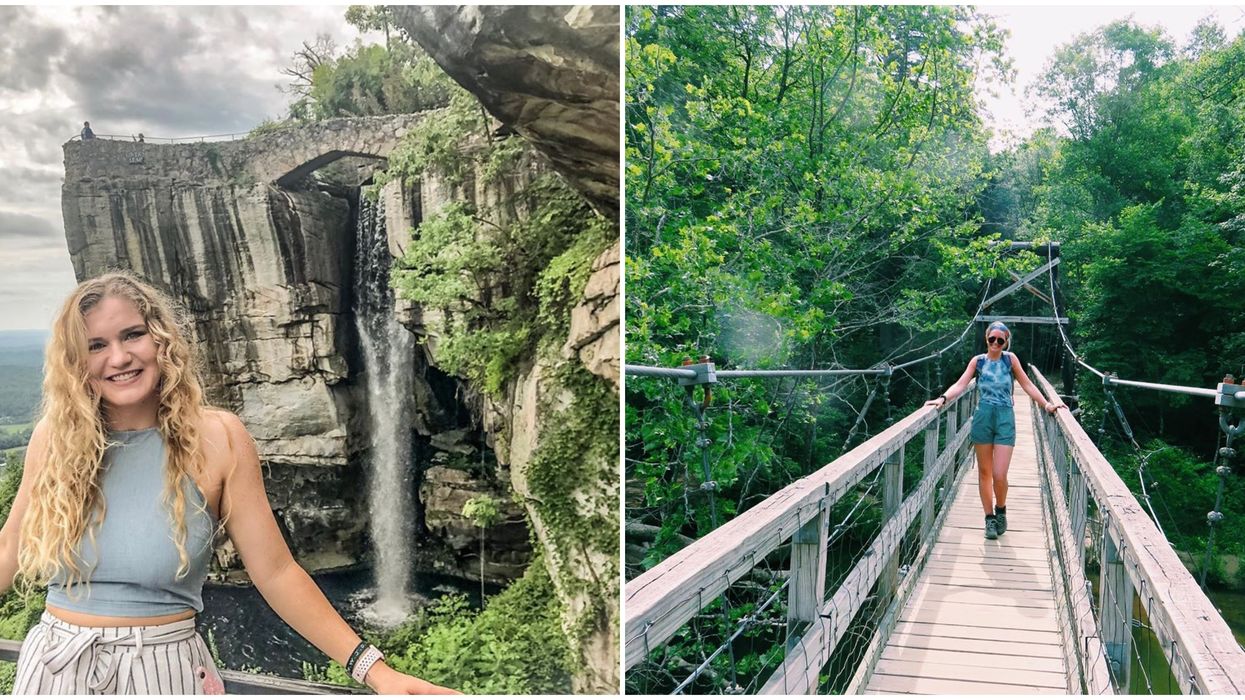 A woman standing in front of a waterfall. RIght: A woman crossing a suspension bridge over water.