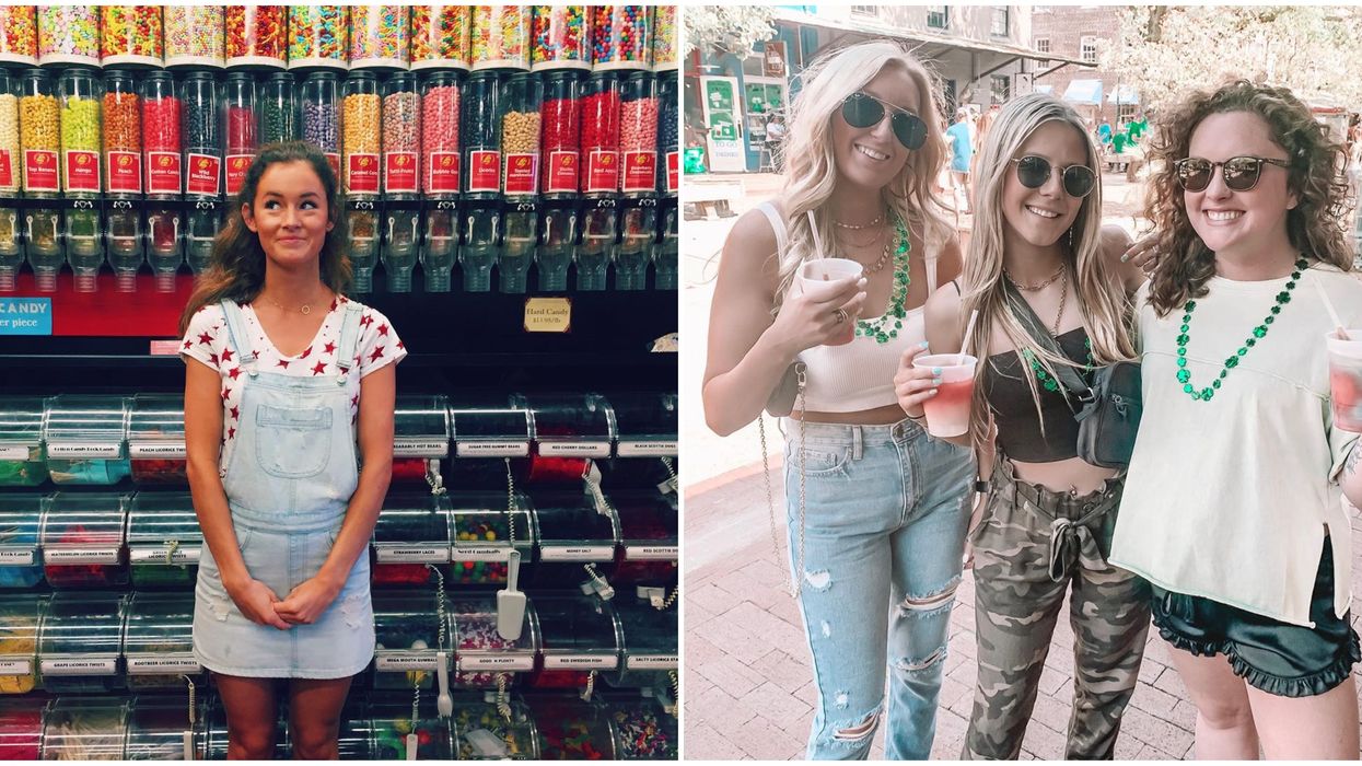 A woman standing in front of bulk candy dispensers. Right: Three women with Saint Patrick's Day necklackes and beverages.