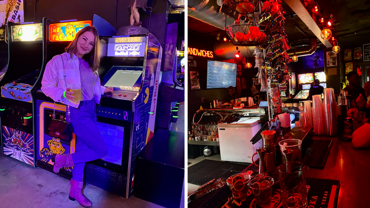 A woman standing in front of Pac Man. Right: Glitch Bar's interior located in Fort Lauderdale.