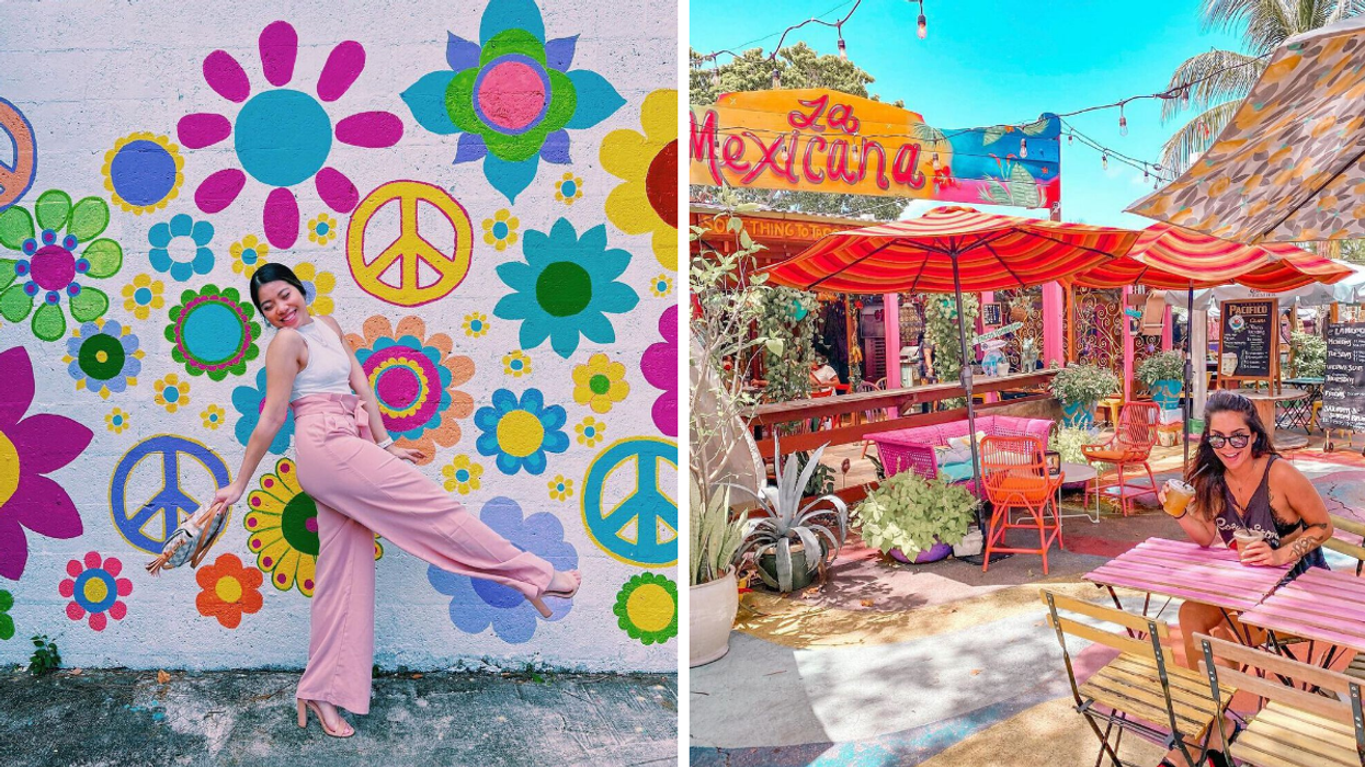 A woman standing in front of the art wall. Right: A woman at La Mexicana Taco Bar.