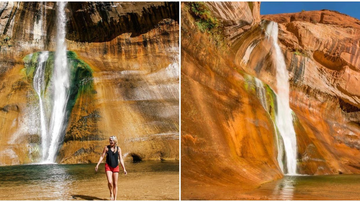 A woman standing in the swimming hole. Right: Calf Creek Falls.
