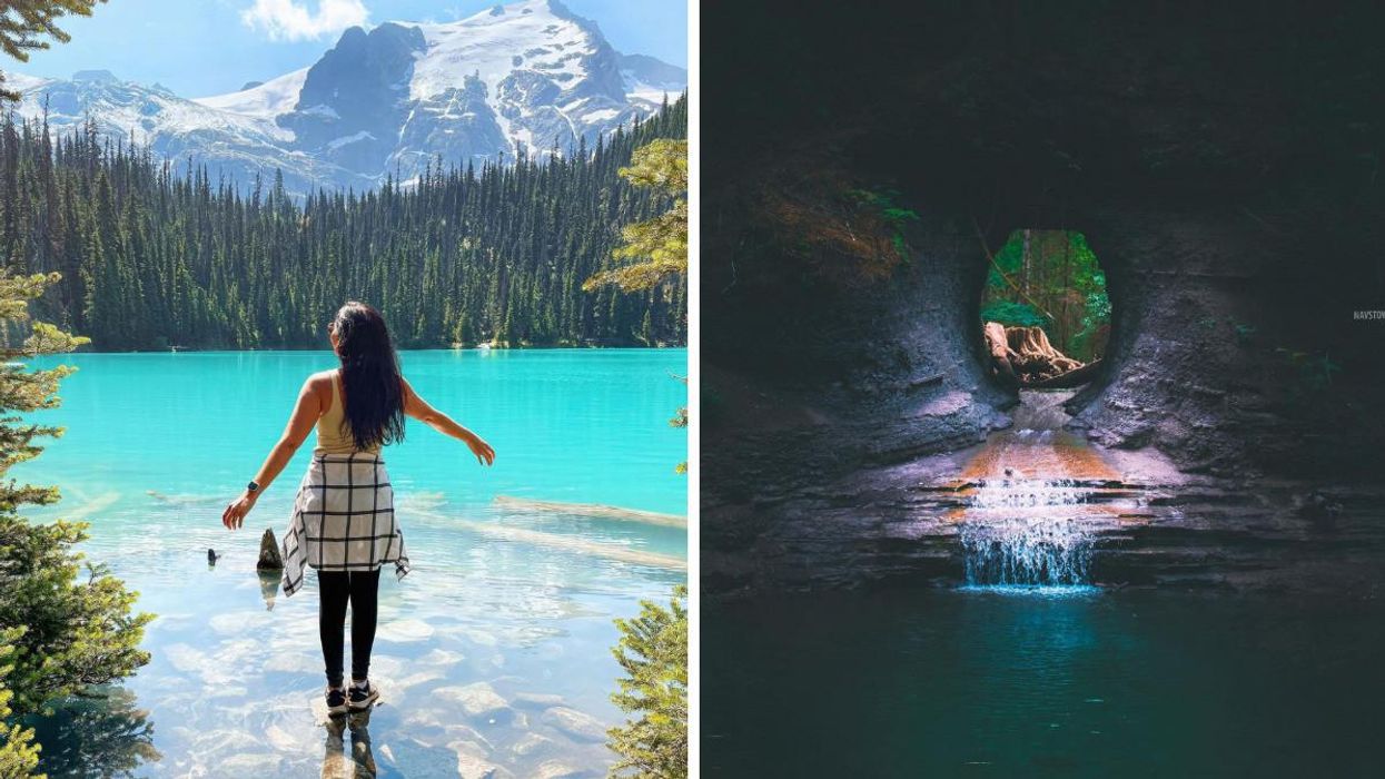 A woman standing in the water of Joffre Lake. Right: Hole in the wall.
