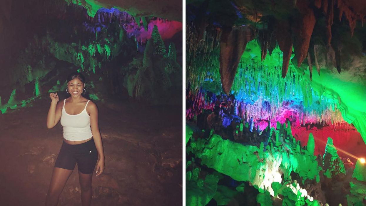 A woman standing inside the cavern. Right: The colors underground.