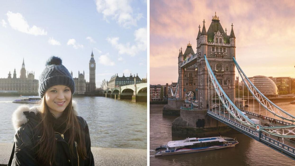 A woman standing next to River Thames in London, England. Right: London Tower bridge in England.