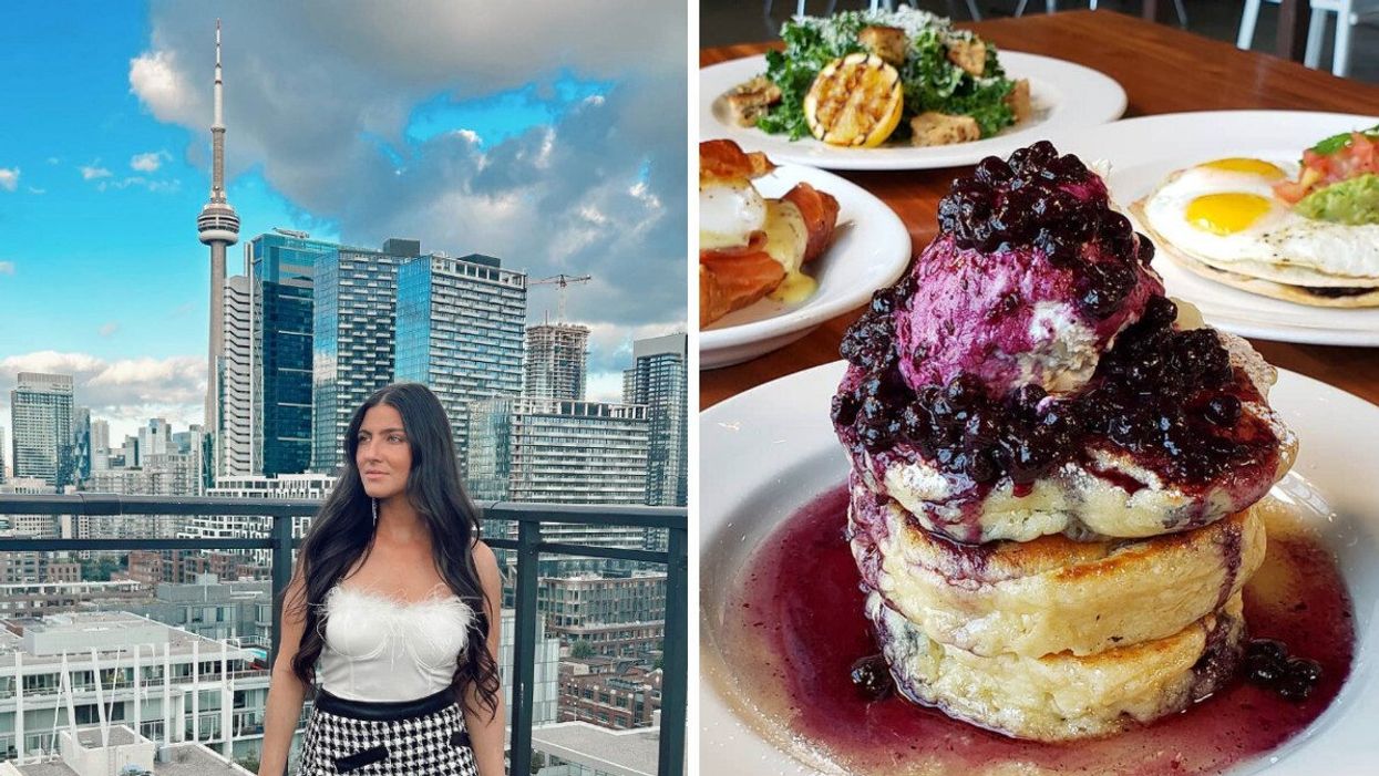 A woman standing on a balcony with the CN Tower in the background. Right: Pancakes from Mildred's Temple Kitchen.