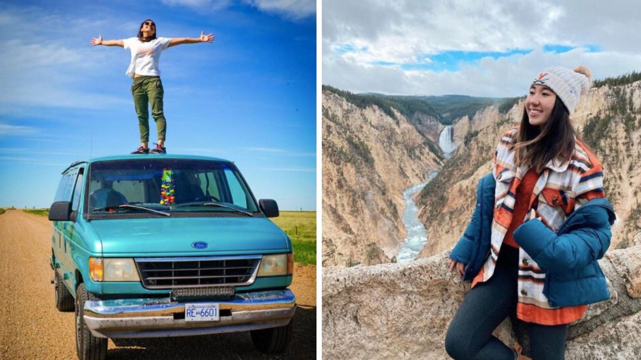 A woman standing on a car with her arms spread out. Right: a woman next to a rocky monument.