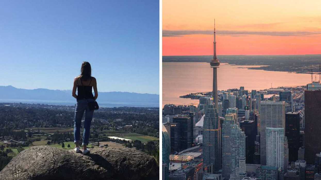 A woman standing on a rock overlooking the landscape. Right: A panoramic view of the city of Toronto with the CN Tower.
