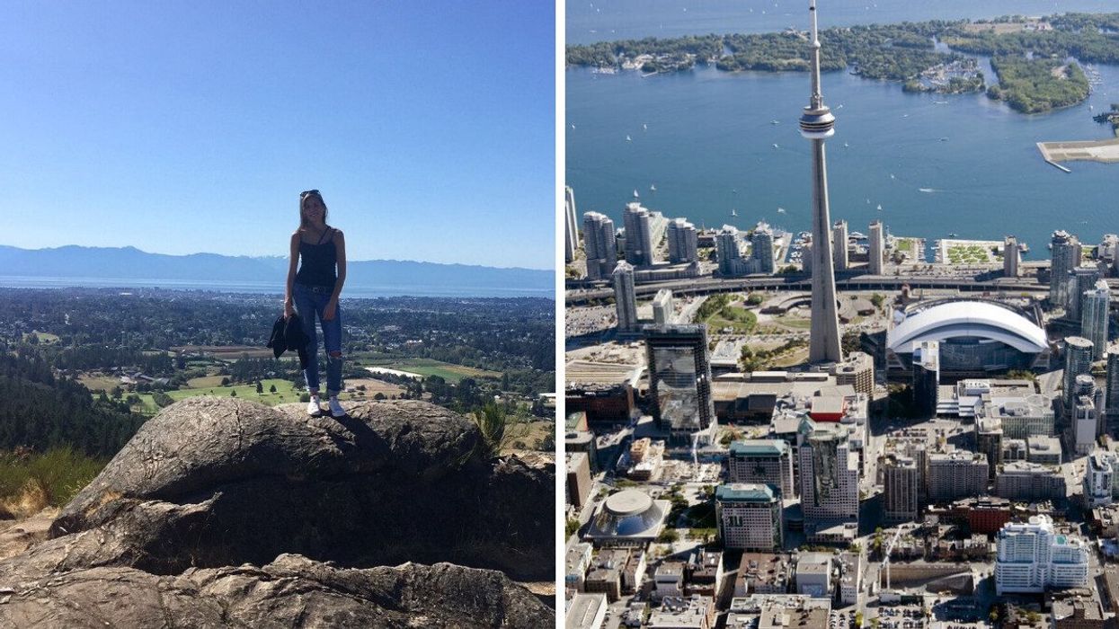 A woman standing on a rock with mountains and houses behind her. Right: A city landscape with buildings and the CN Tower.