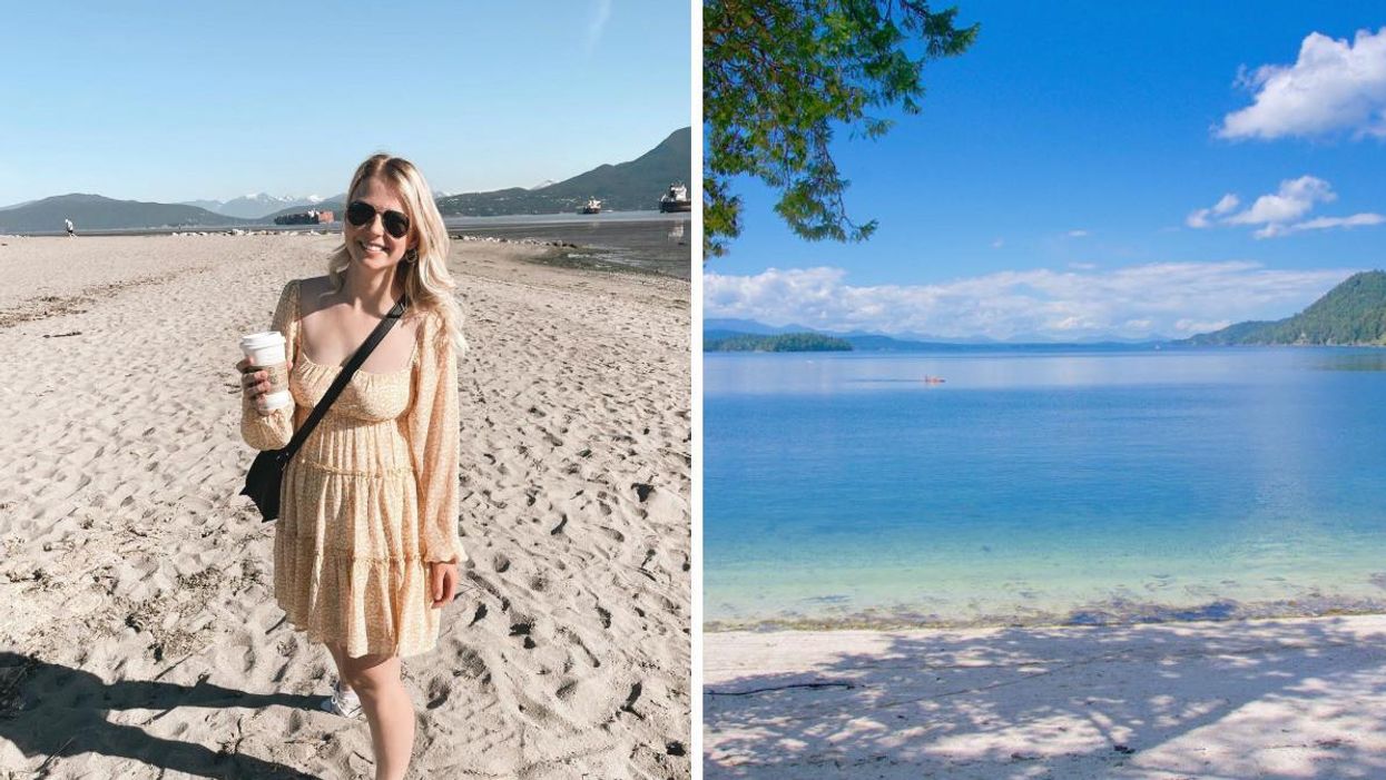 A woman standing on Spanish Banks beach. Right: A beach on Galiano Island.