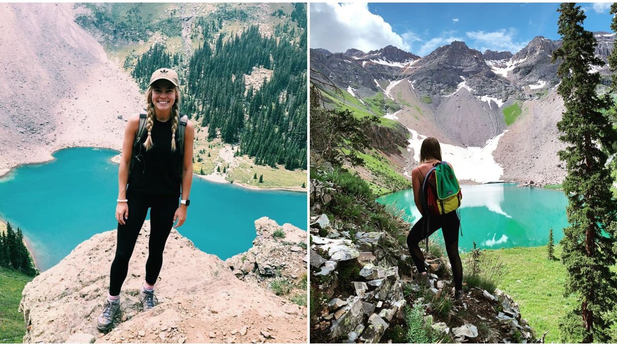 A woman standing on the edge of a rock overlooking a lake. Right: A hiker with a backpack looking at the lake and the mountain.
