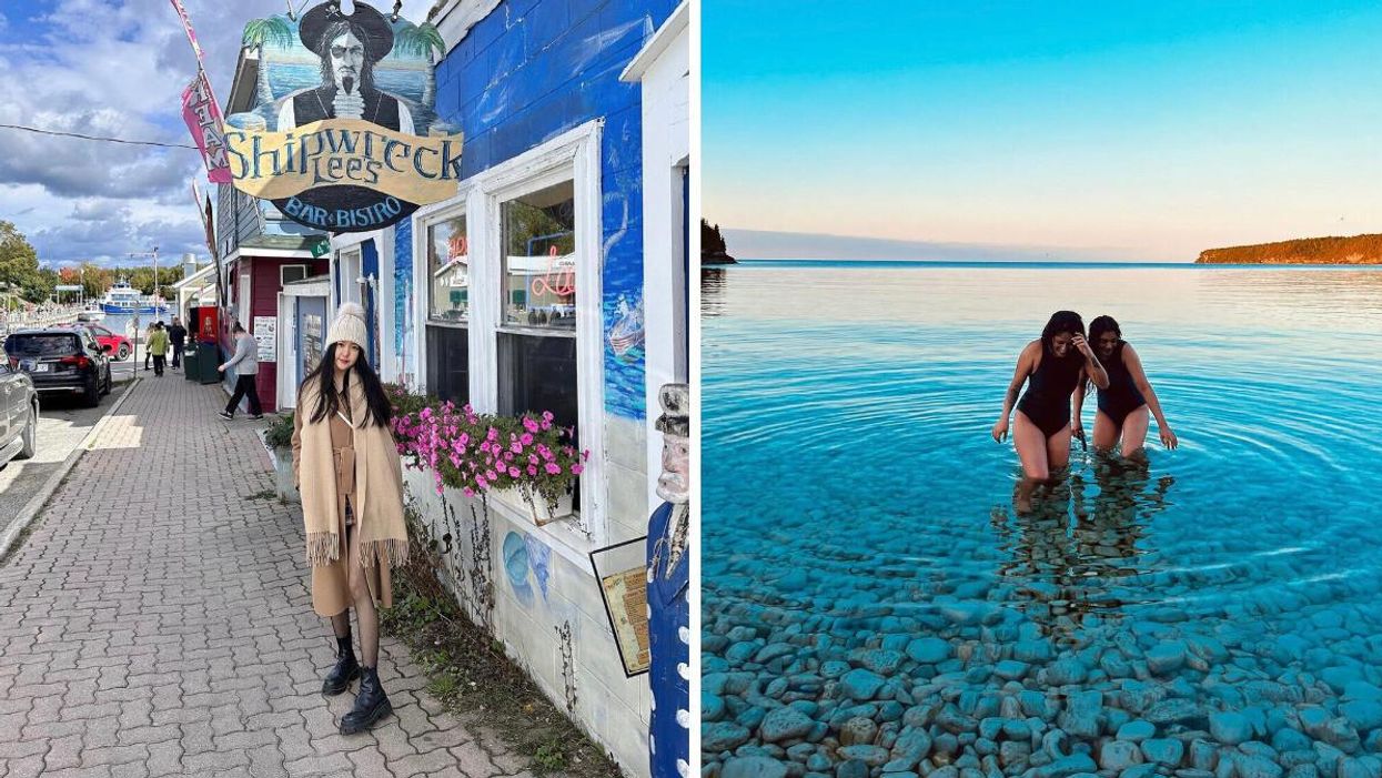 A woman standing outside a blue restaurant. Right: Two women standing in the water.