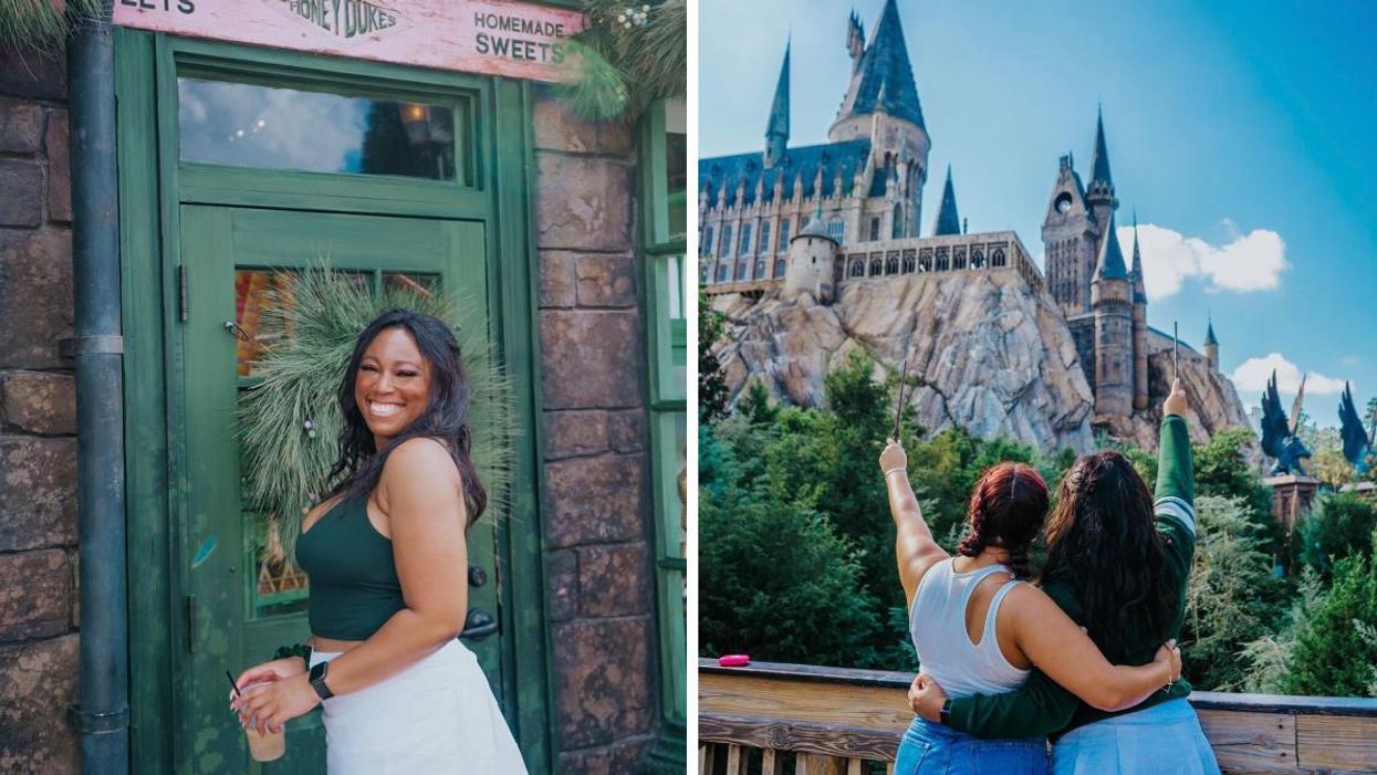 A woman standing outside the Honeydukes alley. Right: Two friends point their wand at Hogwarts.