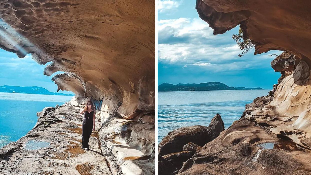 A woman standing under the sandstone bluffs. Right: Sandstone bluffs.
