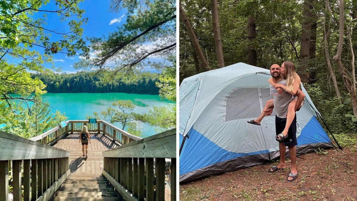 A woman stands beside turquoise water at Gatineau Park. Right: A couple pose for the camera near a tent near the Long Sault Parkway.