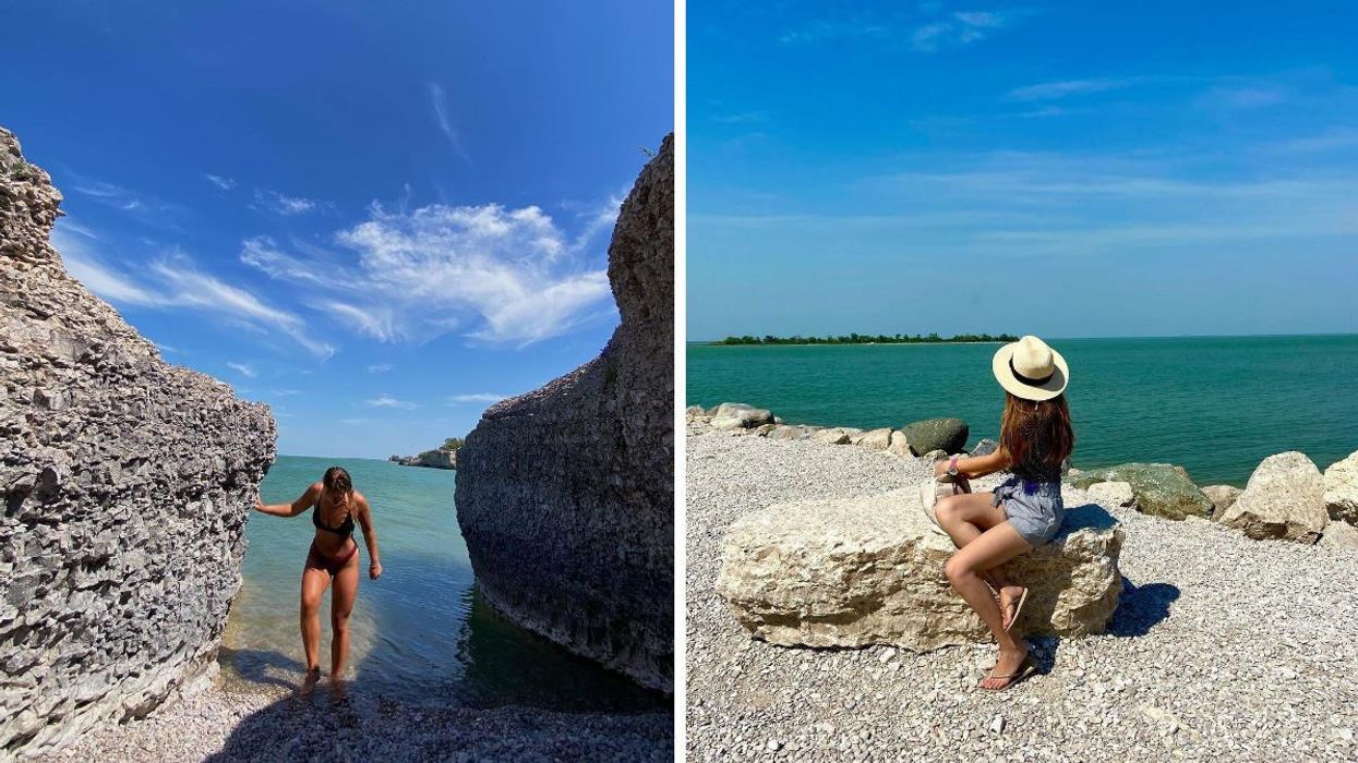 A woman stands between cliffs at Steep Rock Beach. Right: A woman sits on a rock at Steep Rock Beach.