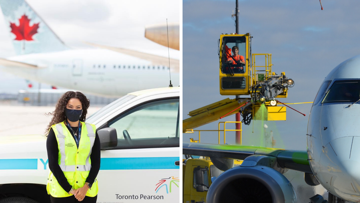 A woman stands by a vehicle in front of an Air Canada plane. Right: a person deices a plane.