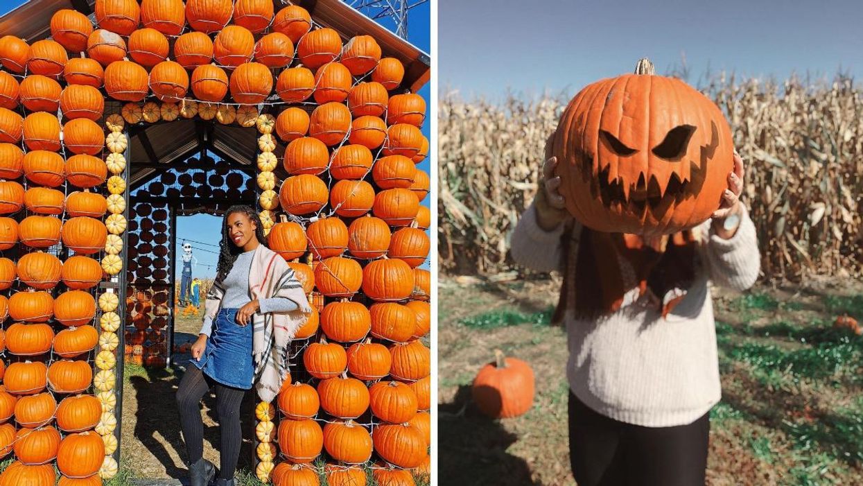 A woman stands in a pumpkin house at CitrouilleVille in Quebec. Right: A person holds up a jack-o'-lantern at CitrouilleVille.