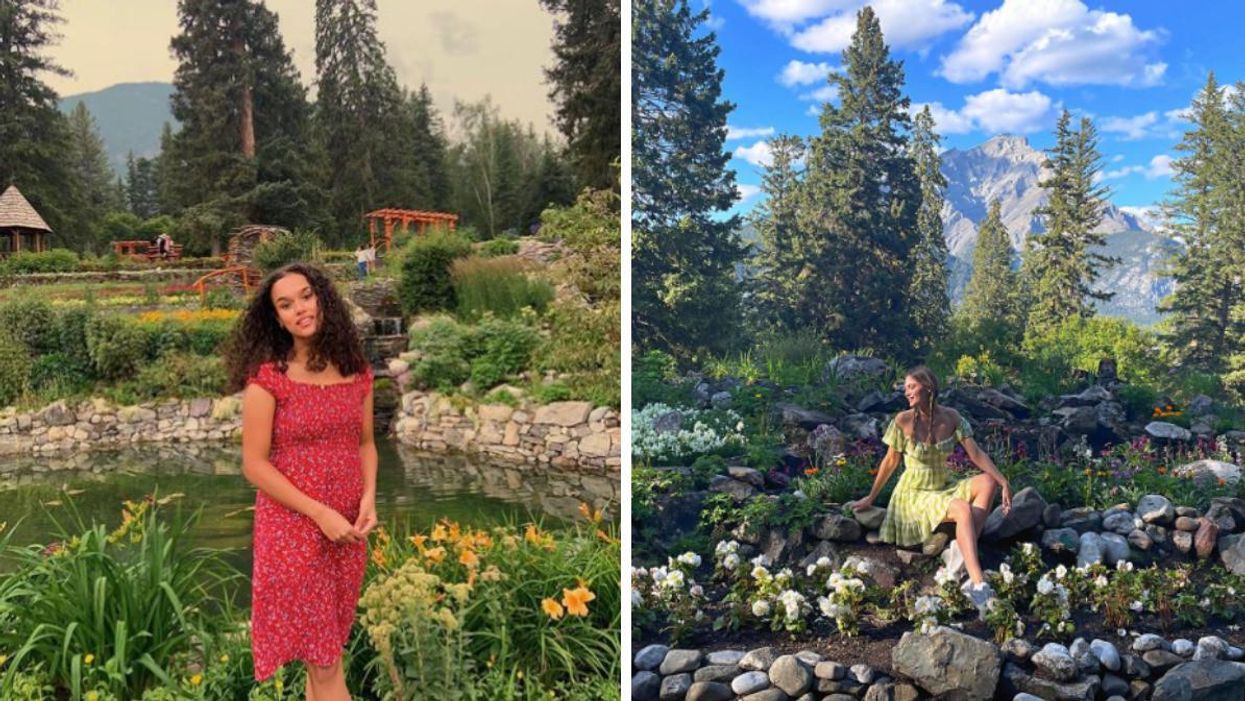 A woman stands in Cascade Gardens in front of a pond. Right: A woman sits in a bed of flowers.