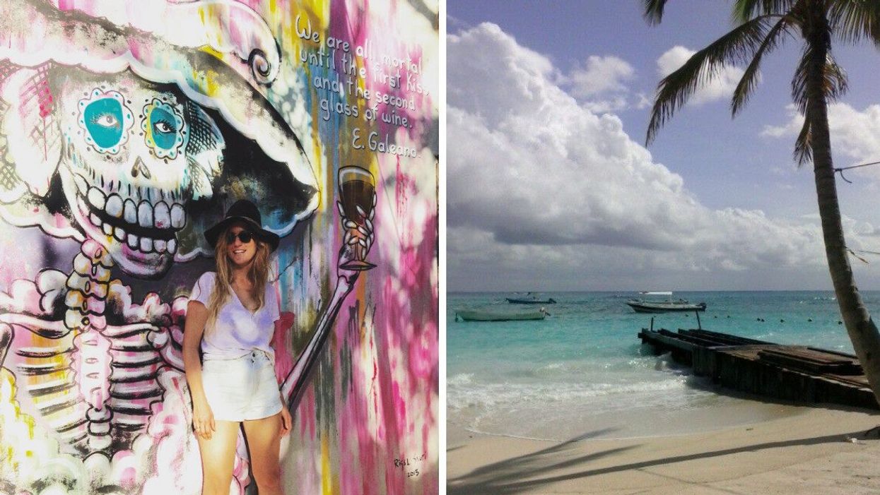 A woman stands in front of a colourful painted mural. Right: A beach in Mexico.