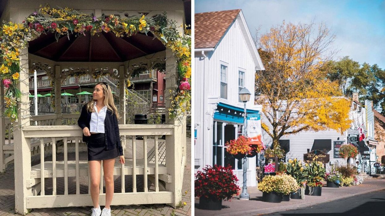 A woman stands in front of a flower-lined gazebo. Right: While buildings and flowers are seen in a town.