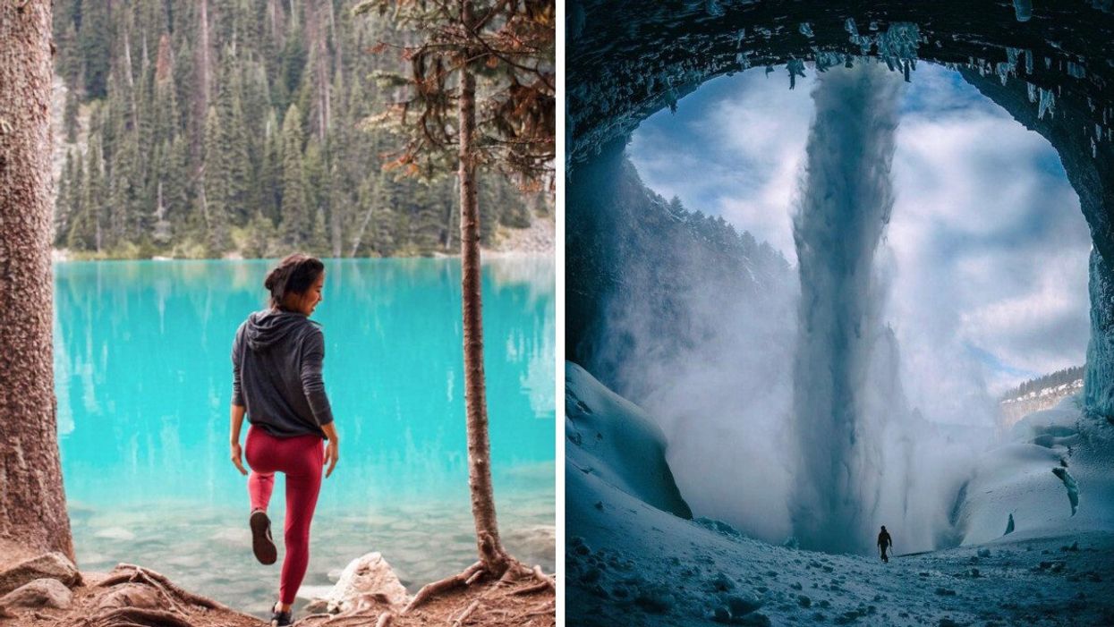 A woman stands in front of a glacial lake. Right: A person walks towards a waterfall with snow surround them.