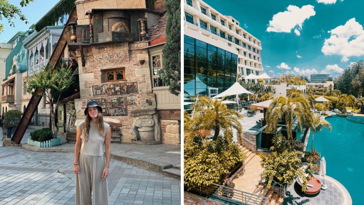 A woman stands in front of a leaning brick clock tower with decorative details, surrounded by European-style buildings and greenery. Right: A tropical resort with a large pool, palm trees, and a modern hotel under a bright blue sky.