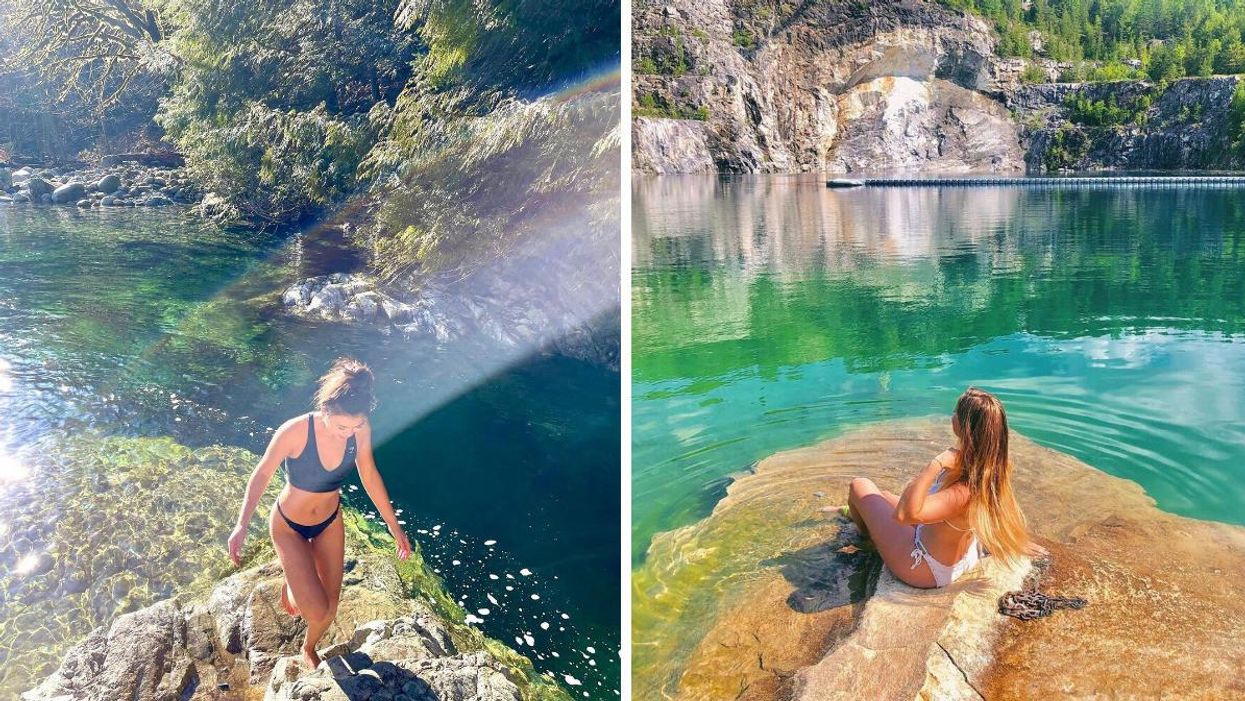 A woman stands in front of a swimming hole in B.C. Right: A woman sits on a rock in front of a quarry in Quebec.