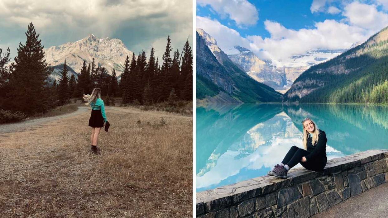 A woman stands in front of a towering peak. Right: A woman smiles, sitting on a wall in Banff National Park.
