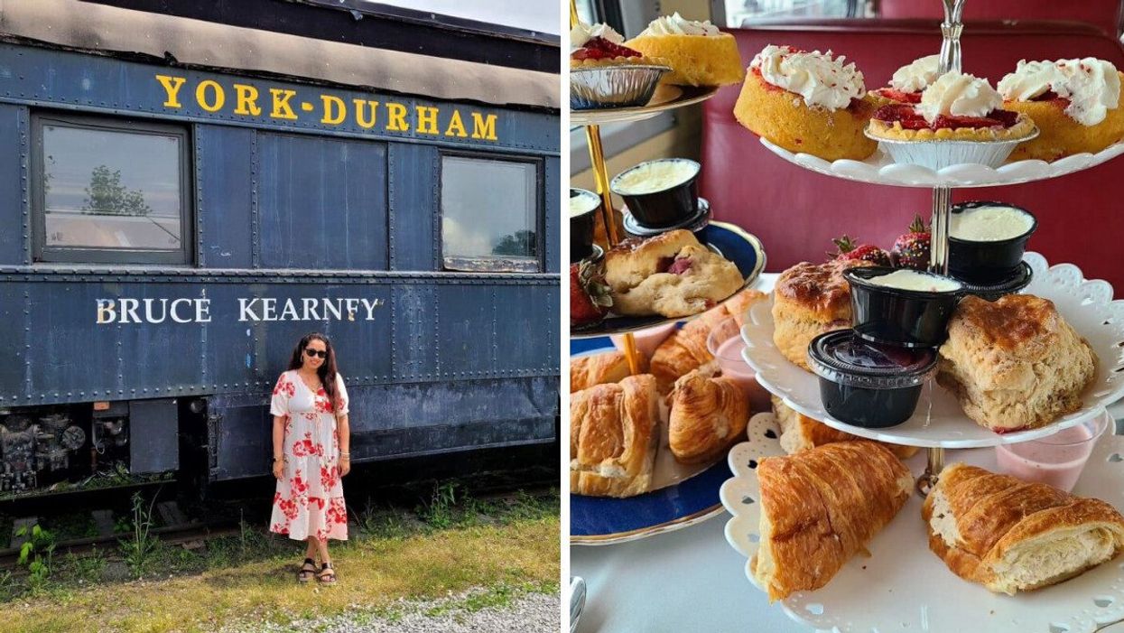 A woman stands in front of a train at York-Durham Heritage Railway. Right: High tea pastries on the train.