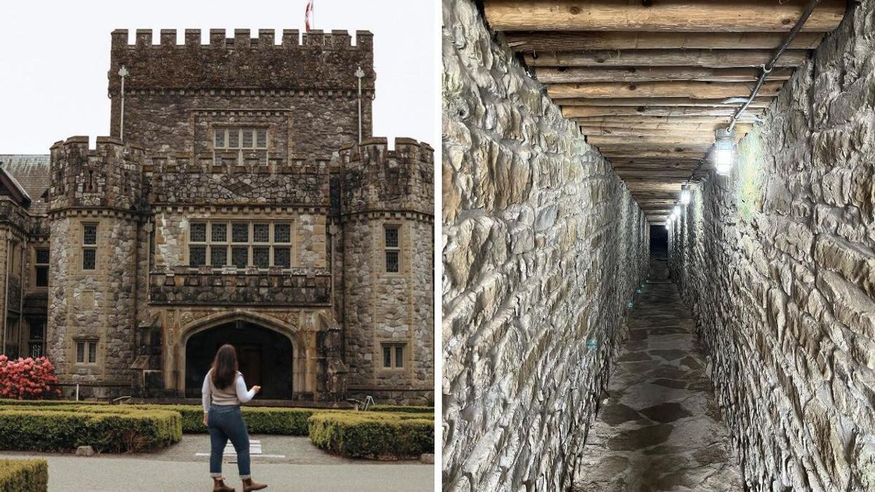 A woman stands in front of Hatley Castle in B.C. Right: A corridor at Fort Wellington in Ontario.