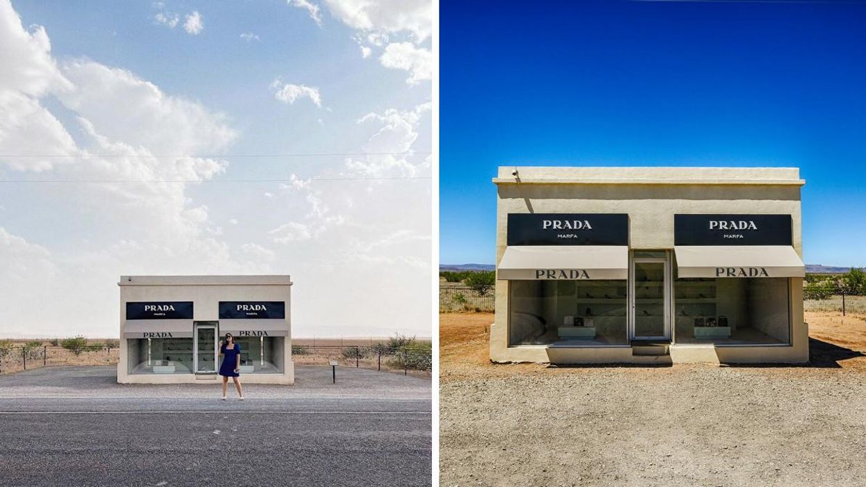 A woman stands in front of Prada Marfa. Right: The Prada Marfa art installation in Valentine, TX.