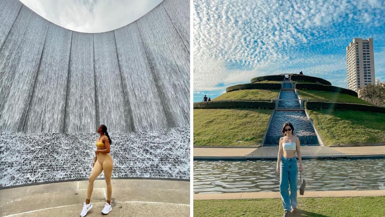 A woman stands in front of the Gerald D. Hines Waterwall. Right: A woman stands in front of the waterfall in McGovern Centennial Gardens.