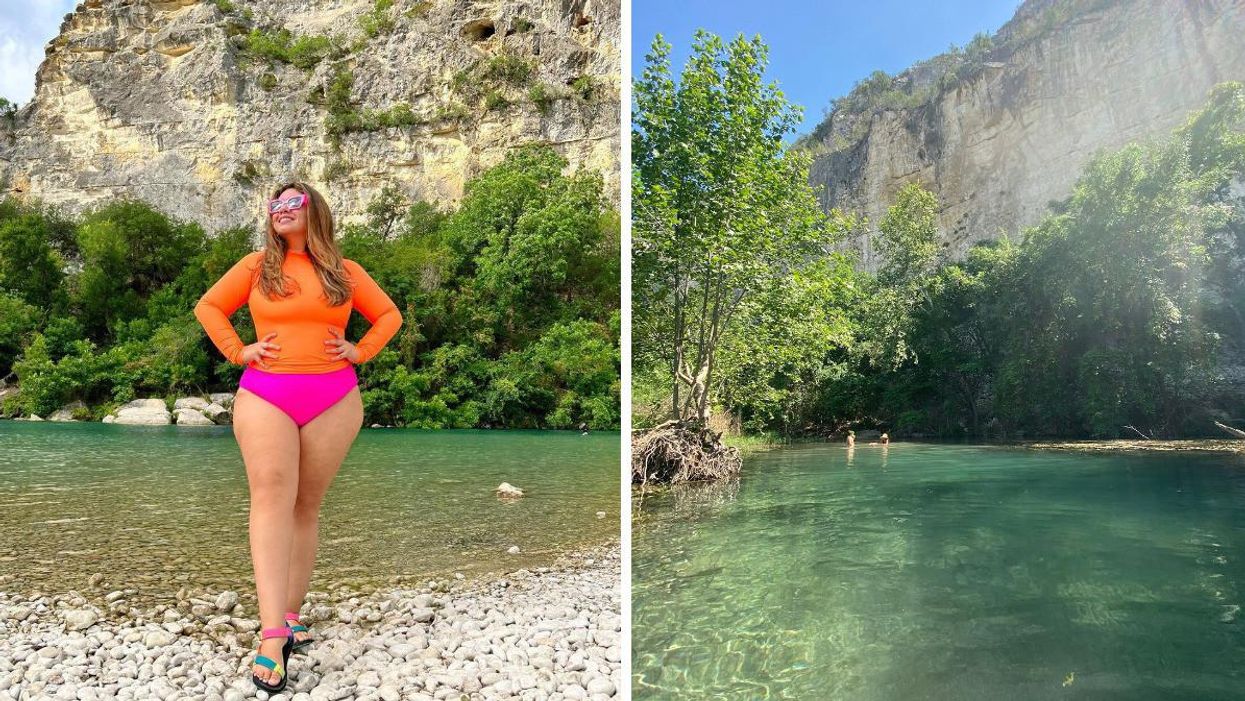 A woman stands in front of the Neuces River at Chalk Bluff River Resort. Right: Blue waters of the Nueces River.