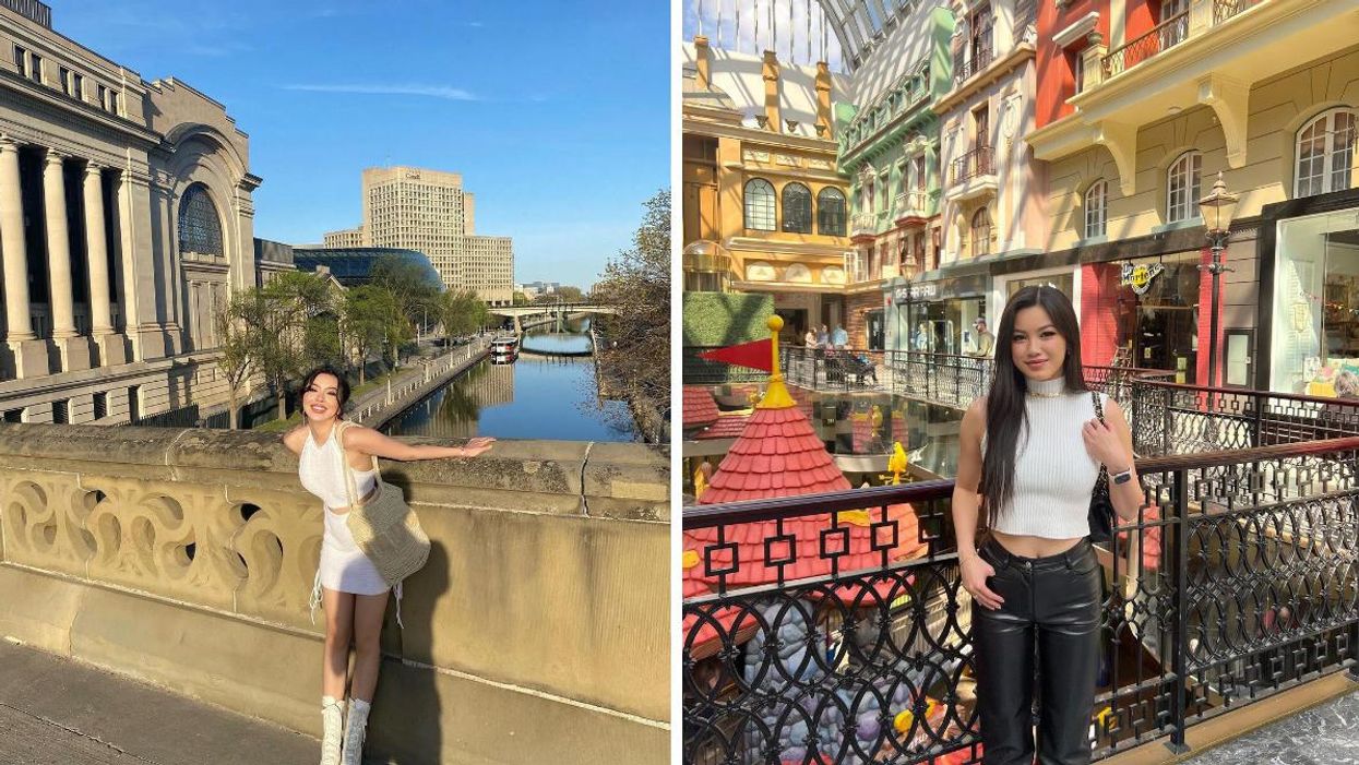 A woman stands in front of the Rideau Canal in Ottawa. Right: A woman in the West Edmonton Mall.