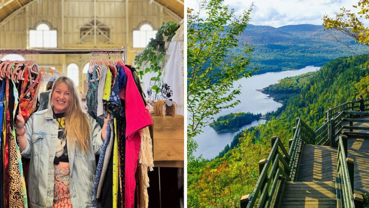 A woman stands in the middle of a rack of clothes at a flea market. Right: A scenic lookout point over a lake with hills behind.