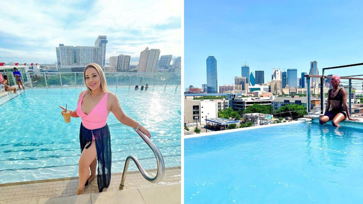 A woman stands in the pool on the rooftop of Marriott Marquis Houston. Right: A woman sits in the rooftop pool of the CANVAS Hotel Dallas.