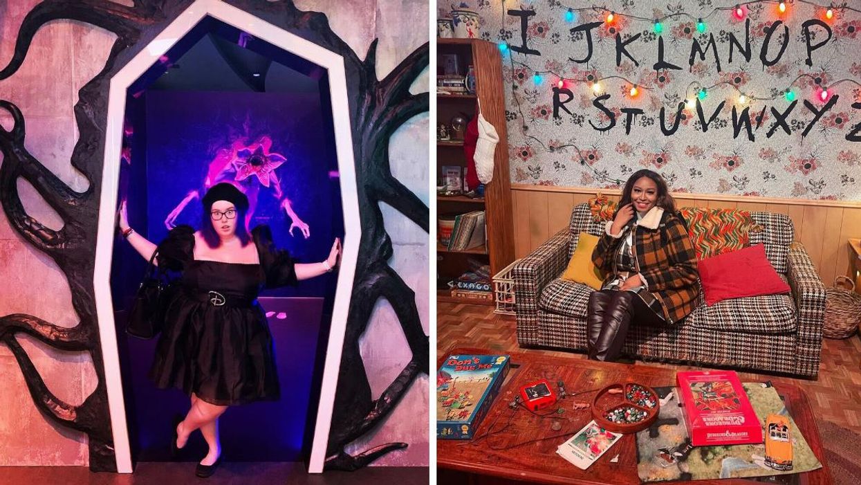 A woman stands in the "Upside Down" at the Stranger Things Store. Right: A woman sits in "Joyce's living room" at the Stranger Things Store.