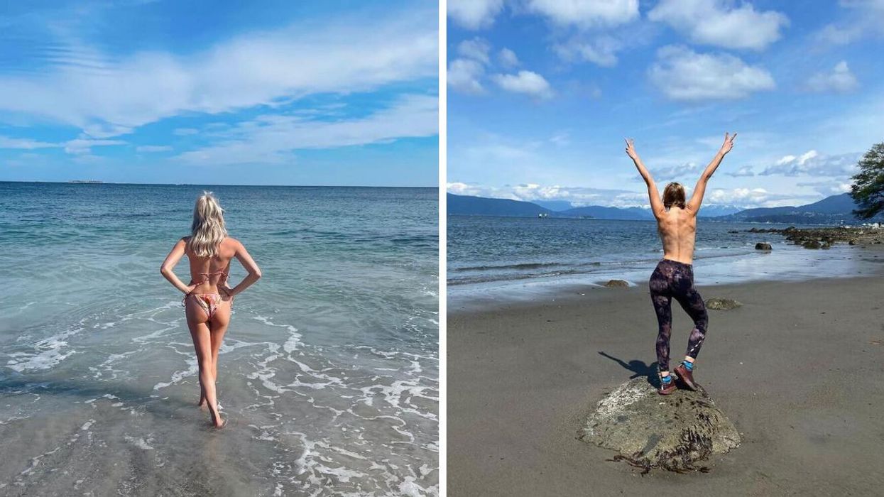 A woman stands in the water at Crystal Crescent Beach. Right: A woman stands on a rock at Wreck Beach.