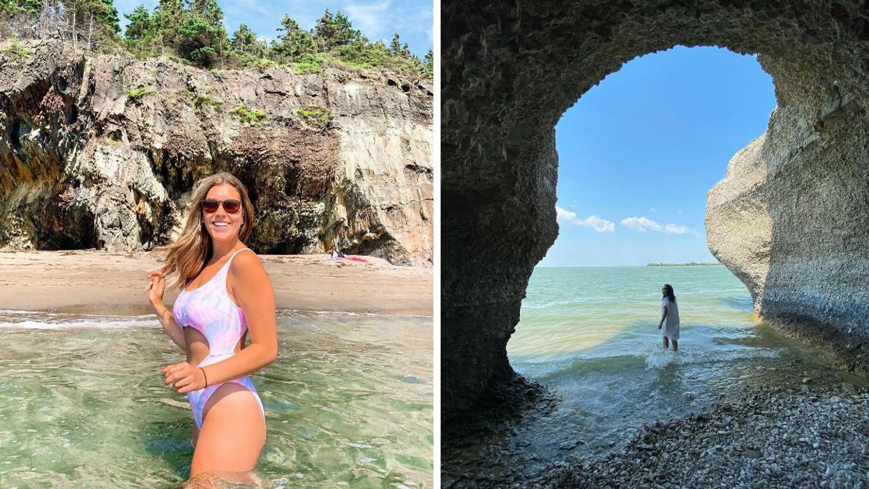 A woman stands in the water at Gaff Point. Right: A woman at Steep Rock beach.